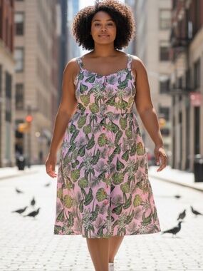 Collectif Pink Multi Tropical Leaf Sleeveless Fit & Flare Swing Dress Size US 18